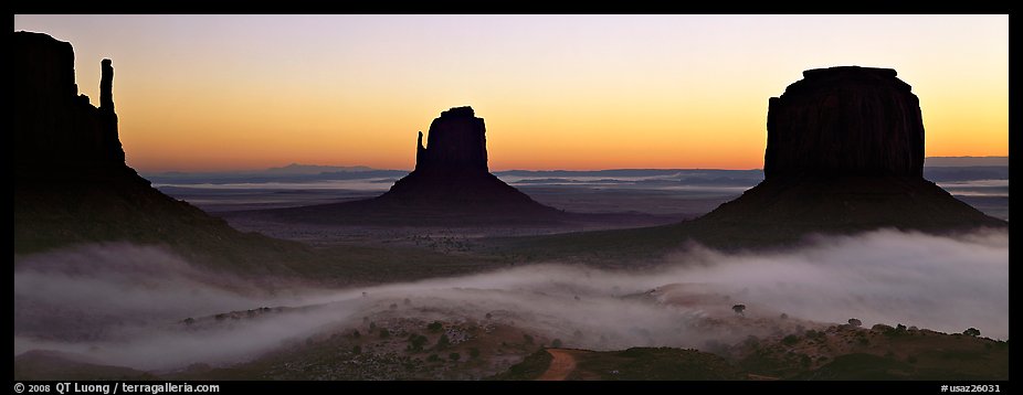 Monument Valley mittens at sunrise with fog. Monument Valley Tribal Park, Navajo Nation, Arizona and Utah, USA (color)