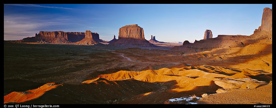 Monument Valley late afternoon scenery with shadows. Monument Valley Tribal Park, Navajo Nation, Arizona and Utah, USA (color)