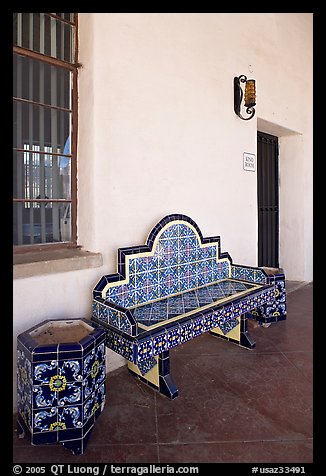 Ceramic bench in the courtyard, San Xavier del Bac Mission. Tucson, Arizona, USA