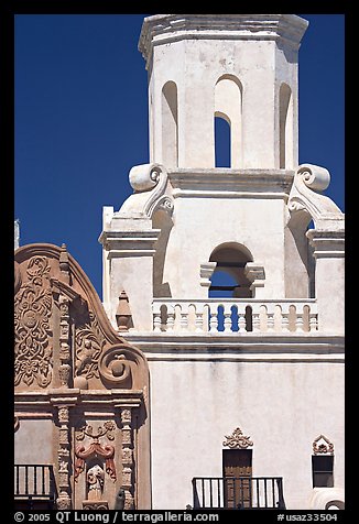 Facade detail and tower, San Xavier del Bac Mission. Tucson, Arizona, USA