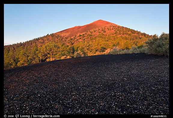 Cinder and Sunset Crater at sunrise. Sunset Crater Volcano National Monument, Arizona, USA