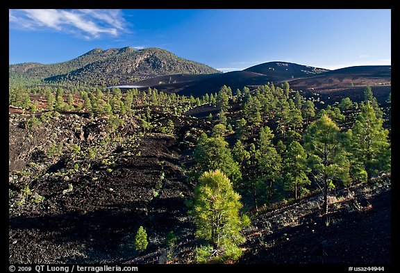 Volcanic hills covered with black lava and cinder. Sunset Crater Volcano National Monument, Arizona, USA