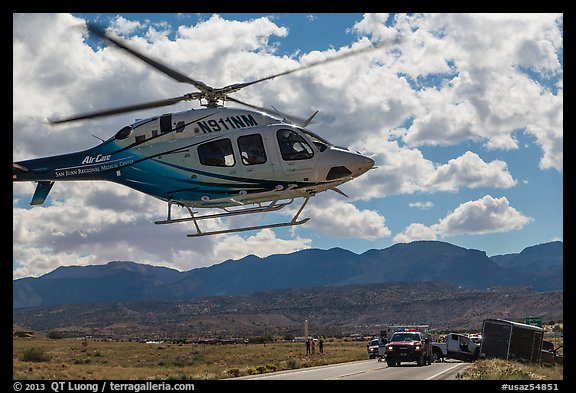 Helicopter at road accident site. Four Corners Monument, Arizona, USA (color)