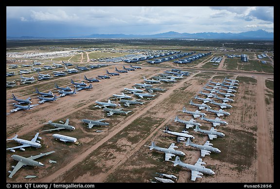 Aerial view of rows of retired military aircraft. Tucson, Arizona, USA