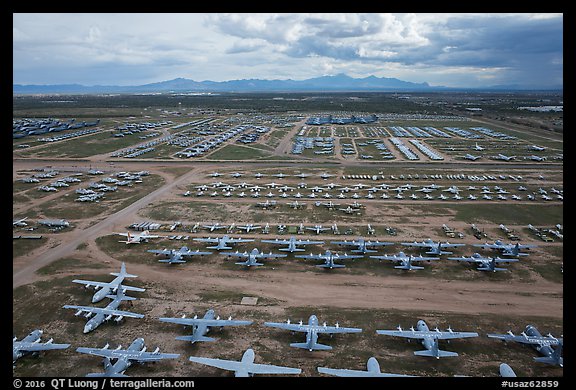 Aerial view of vast field of retired military aircraft. Tucson, Arizona, USA