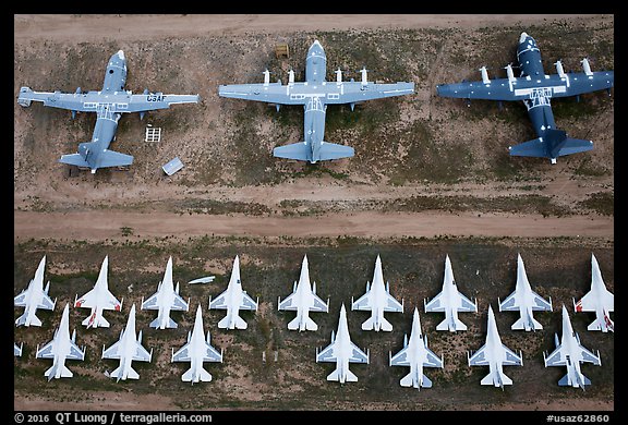 Aerial view of military aircraft. Tucson, Arizona, USA (color)