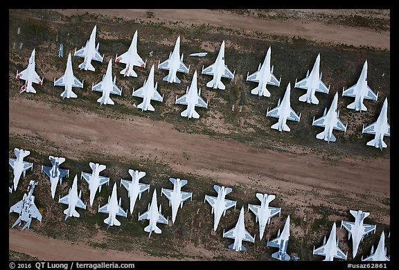 Aerial view of rows of fighter jets. Tucson, Arizona, USA