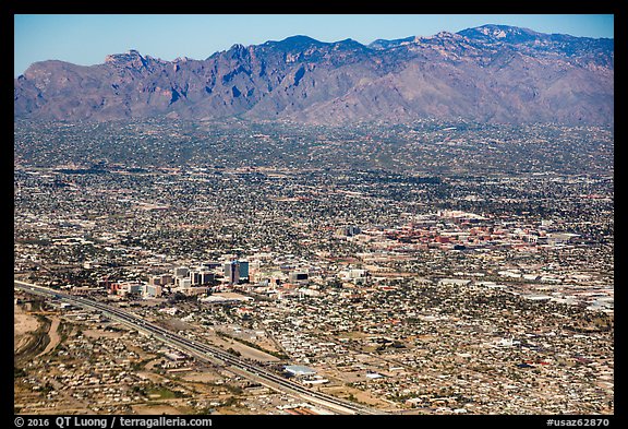 Aerial view of downtown Tucson and mountains. Tucson, Arizona, USA