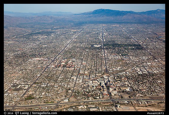 Aerial view of downtown Tucson and street grid. Tucson, Arizona, USA