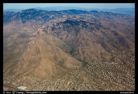 Aerial view of Tucson outskirts and Rincon Mountains. Tucson, Arizona, USA