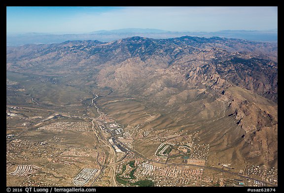 Aerial view of Tucson edges and Rincon Mountains. Tucson, Arizona, USA