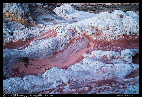 White crossbedded sandstone layer capping twirls of red sandstone. Vermilion Cliffs National Monument, Arizona, USA