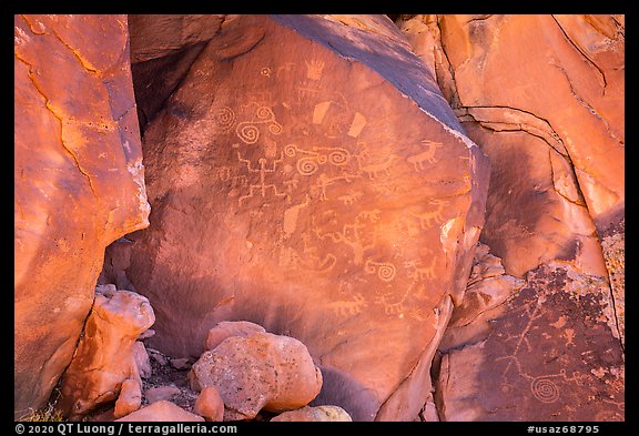 Rocks with numerous petroglyphs. Vermilion Cliffs National Monument, Arizona, USA