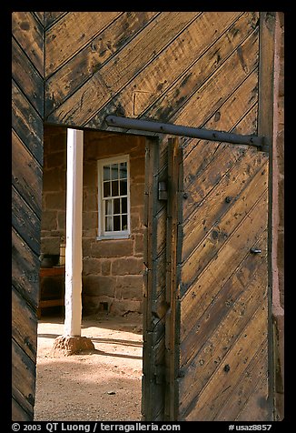 Wooden door of Winsor Castle. Pipe Spring National Monument, Arizona, USA (color)