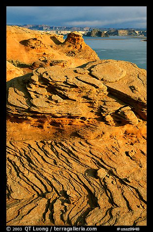 Sandstone Swirls and Lake Powell, Glen Canyon National Recreation Area, morning, Glen Canyon National Recreation Area, Arizona. USA (color)