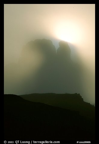 Butte in fog. Monument Valley Tribal Park, Navajo Nation, Arizona and Utah, USA (color)