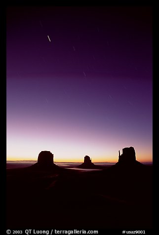 Buttes at dawn with short start trails. Monument Valley Tribal Park, Navajo Nation, Arizona and Utah, USA (color)
