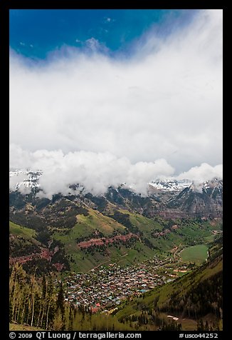 Valley and town seen from above in spring. Telluride, Colorado, USA