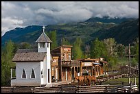 Western-style buildings and horses, Ridgeway. Colorado, USA