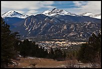 View of town nested below Rocky Mountains, Estes Park. Colorado, USA