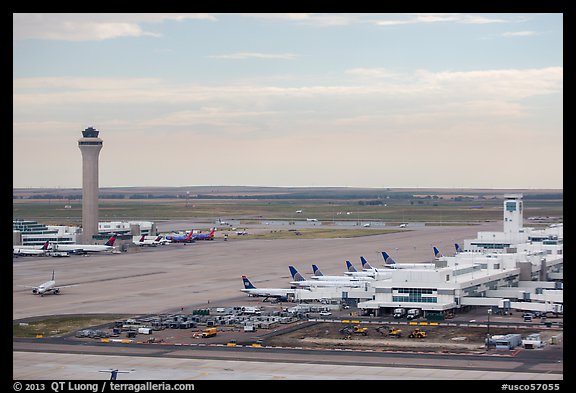 Aerial view of Denver International Airport terminal and control tower. Colorado, USA