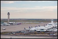 Aerial view of Denver International Airport terminal and control tower. Colorado, USA (color)