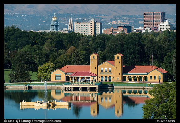 City Park Pavilion and skyline with capitol and cathedral. Denver, Colorado, USA