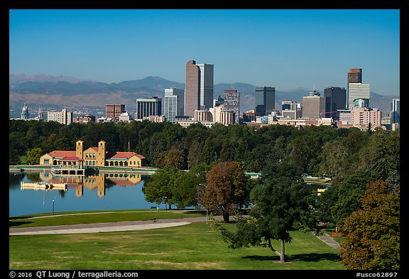 City Park, skyline, and Rocky Mountains. Denver, Colorado, USA (color)