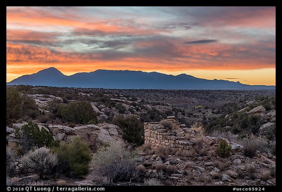 Pueblo and Sleeping Ute Mountain, sunrise. Hovenweep National Monument, Colorado, USA