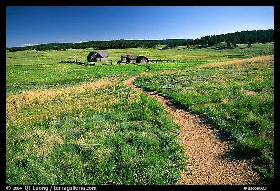 Trail and historic barns,  Florissant Fossil Beds National Monument. Colorado, USA