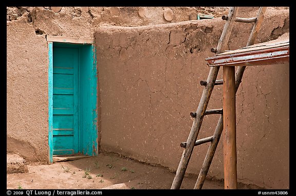 Blue door and ladder. Taos, New Mexico, USA