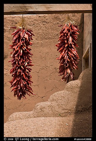 Strings of red pepper hanging from adobe walls. Taos, New Mexico, USA (color)