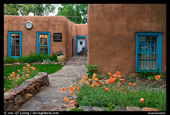 Front yard and pueblo style houses. Taos, New Mexico, USA (color)