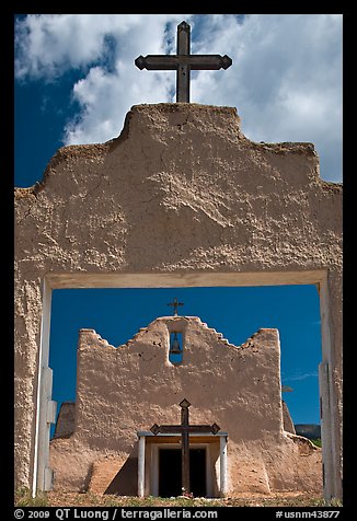 San Lorenzo Church seen through adobe walls, Picuris Pueblo. New Mexico, USA (color)