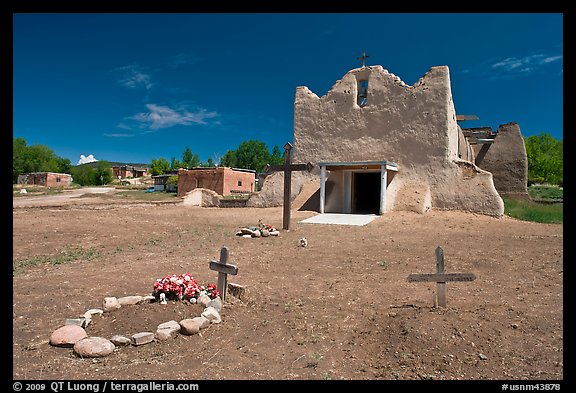 Graves and Picuris Church, Picuris Pueblo. New Mexico, USA