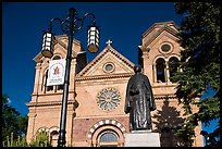 Front of St Francis Cathedral and Archibishop Lamy statue. Santa Fe, New Mexico, USA ( color)