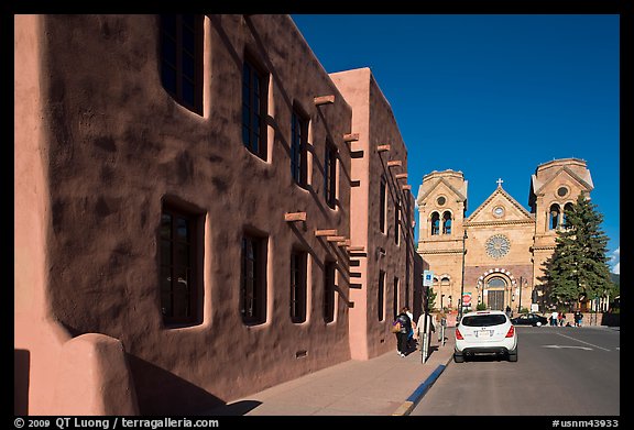 Side of the American Indian art museum and St Francis Cathedral. Santa Fe, New Mexico, USA (color)