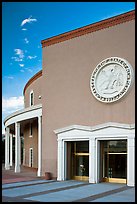 New Mexico Capitol with stone carving of the State Seal of New Mexico above entrance. Santa Fe, New Mexico, USA (color)