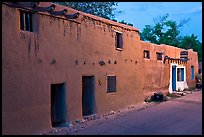 Casa Vieja de Analco, oldest house in the US, at dusk. Santa Fe, New Mexico, USA (color)