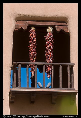 Ristras hanging from tower. Santa Fe, New Mexico, USA (color)