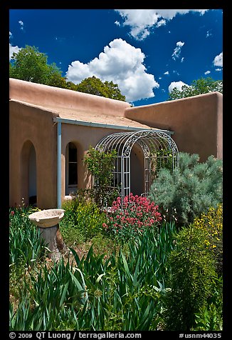 Garden and adobe house. Santa Fe, New Mexico, USA (color)