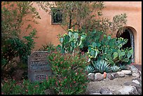 Desert plants and inscription, Church San Felipe de Neri. Albuquerque, New Mexico, USA (color)