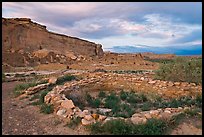 Great Kiva and cliff at sunset, Pueblo Bonito. Chaco Culture National Historic Park, New Mexico, USA (color)