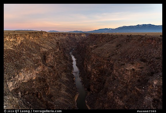 Rio Grande Gorge and Sangre de Cristo Mountains at dawn. Rio Grande Del Norte National Monument, New Mexico, USA