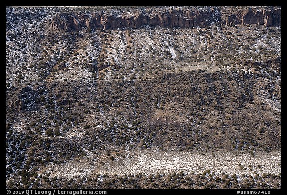 Rio Grande Gorge walls with dusting of snow. Rio Grande Del Norte National Monument, New Mexico, USA
