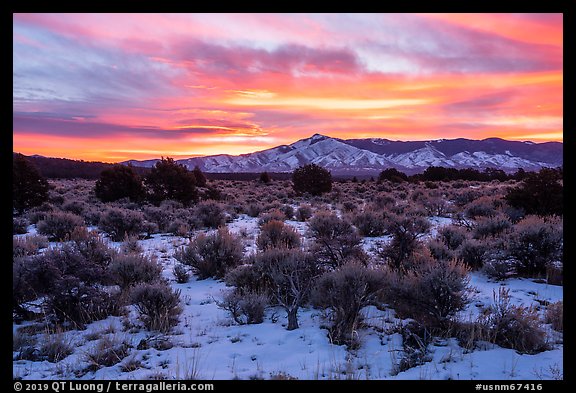 Sangre de Cristo Mountains from Wild Rivers Area, winter sunrise. Rio Grande Del Norte National Monument, New Mexico, USA