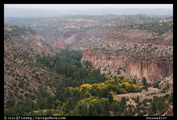 Distant view of Frijoles Canyon in autumn. Bandelier National Monument, New Mexico, USA