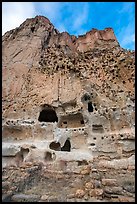 Cliff with multistory dwellings foundations and cavates. Bandelier National Monument, New Mexico, USA ( color)