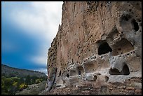 Tuff cliff with cave dwellings, Frijoles Canyon. Bandelier National Monument, New Mexico, USA ( color)