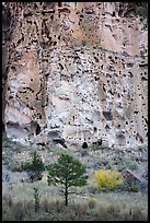 Cliff with cavates, Frijoles Canyon. Bandelier National Monument, New Mexico, USA ( color)